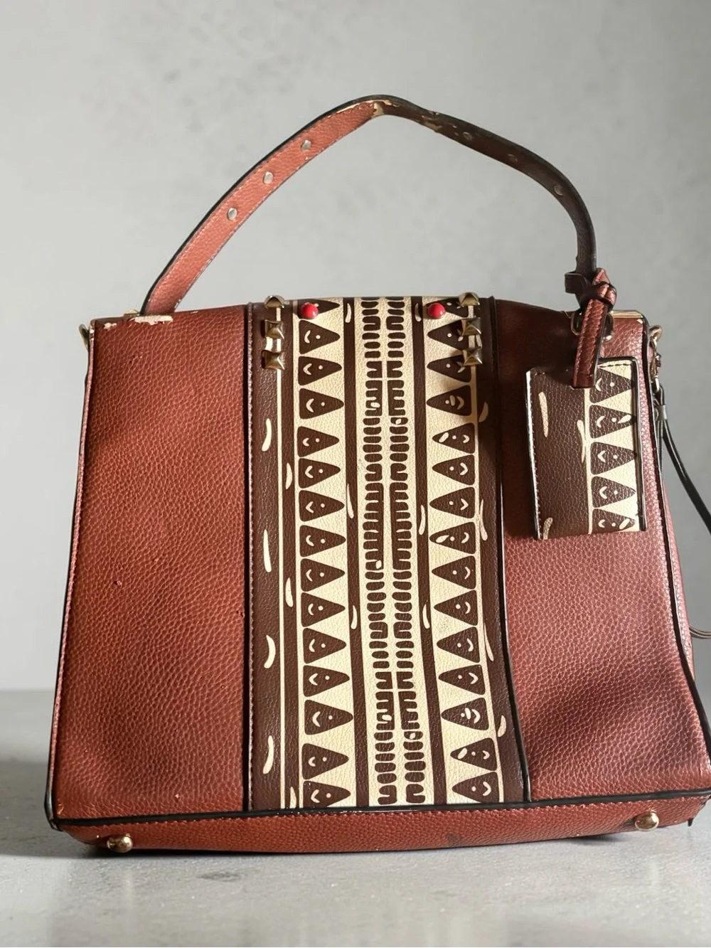 Boho Tribal Studded Leather Flap Satchel Top Handle Crossbody Bag - Multi-use